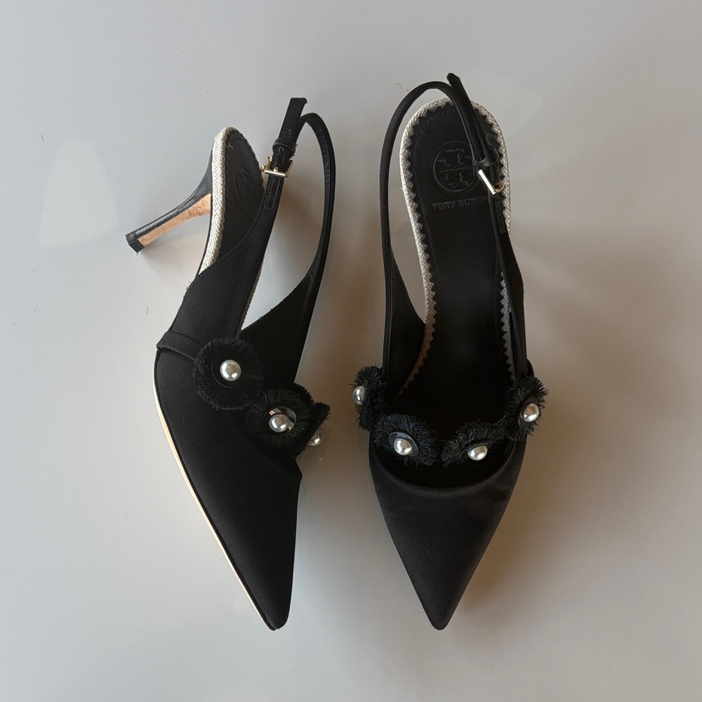 Tory Burch Black Slingback Satin Heels with Pearl Accents